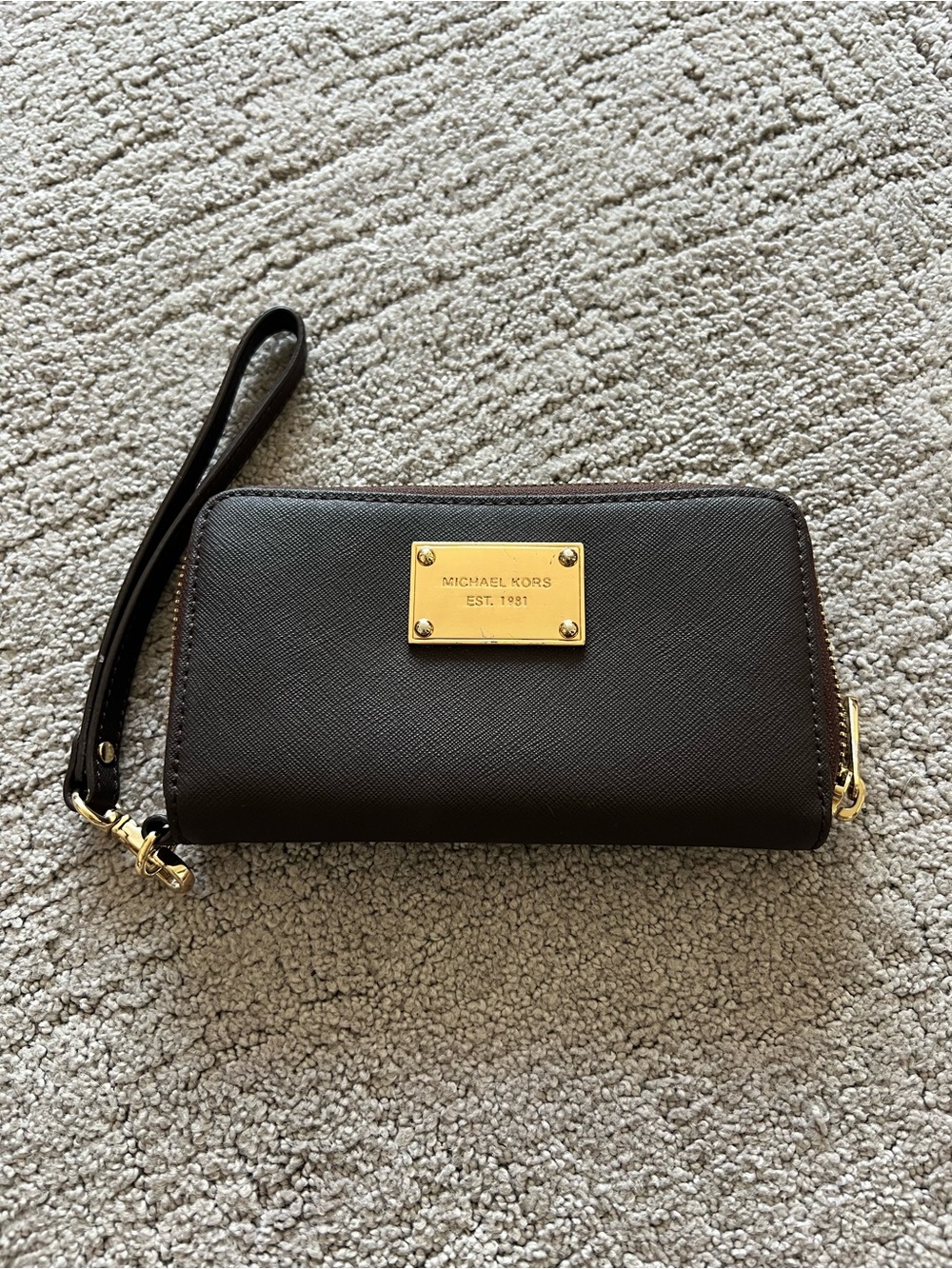 Michael Kors Dark Brown Saffiano Wristlet Wallet with Gold Plate